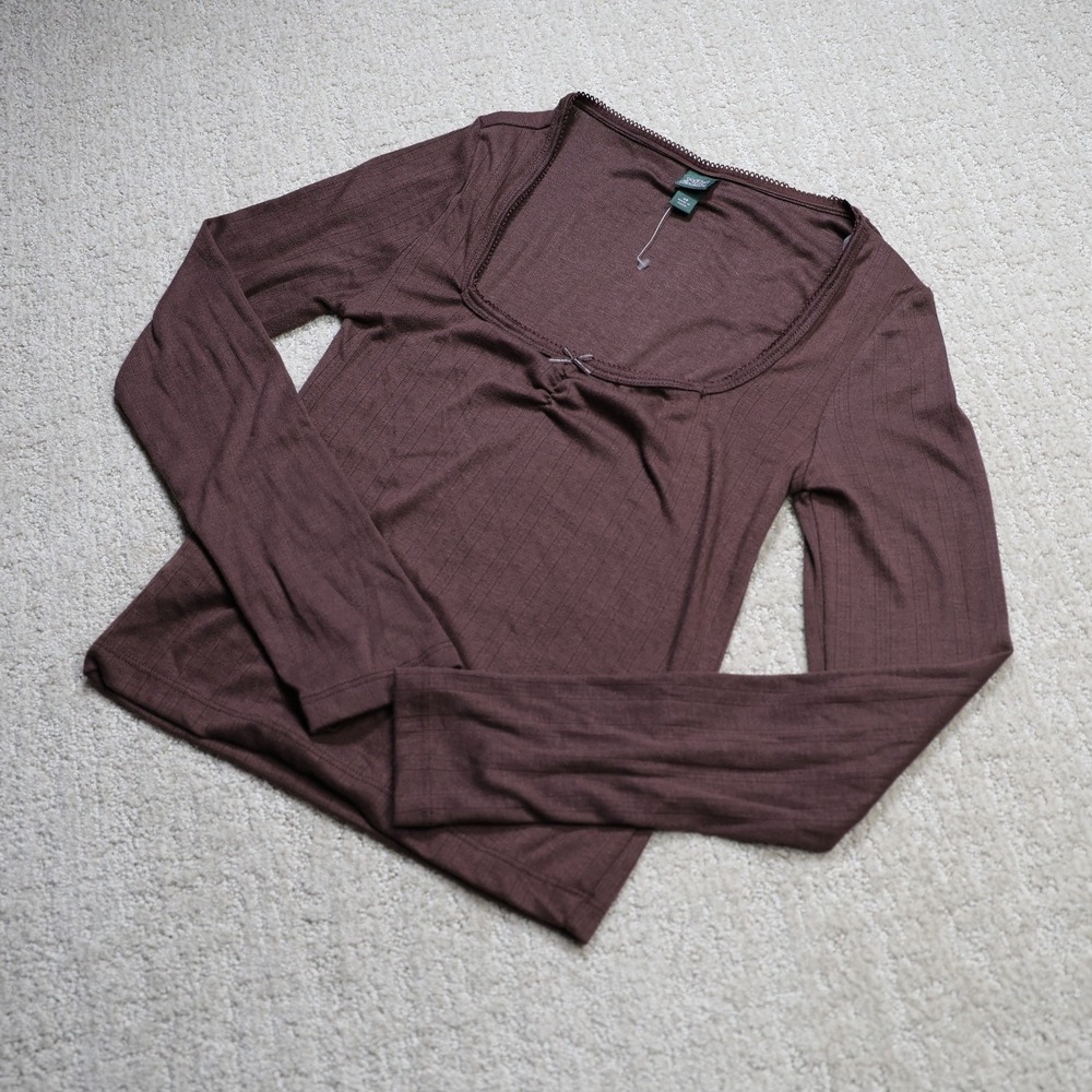 Wild Fable Brown Ribbed Long Sleeve Square Neck Bow Top XS